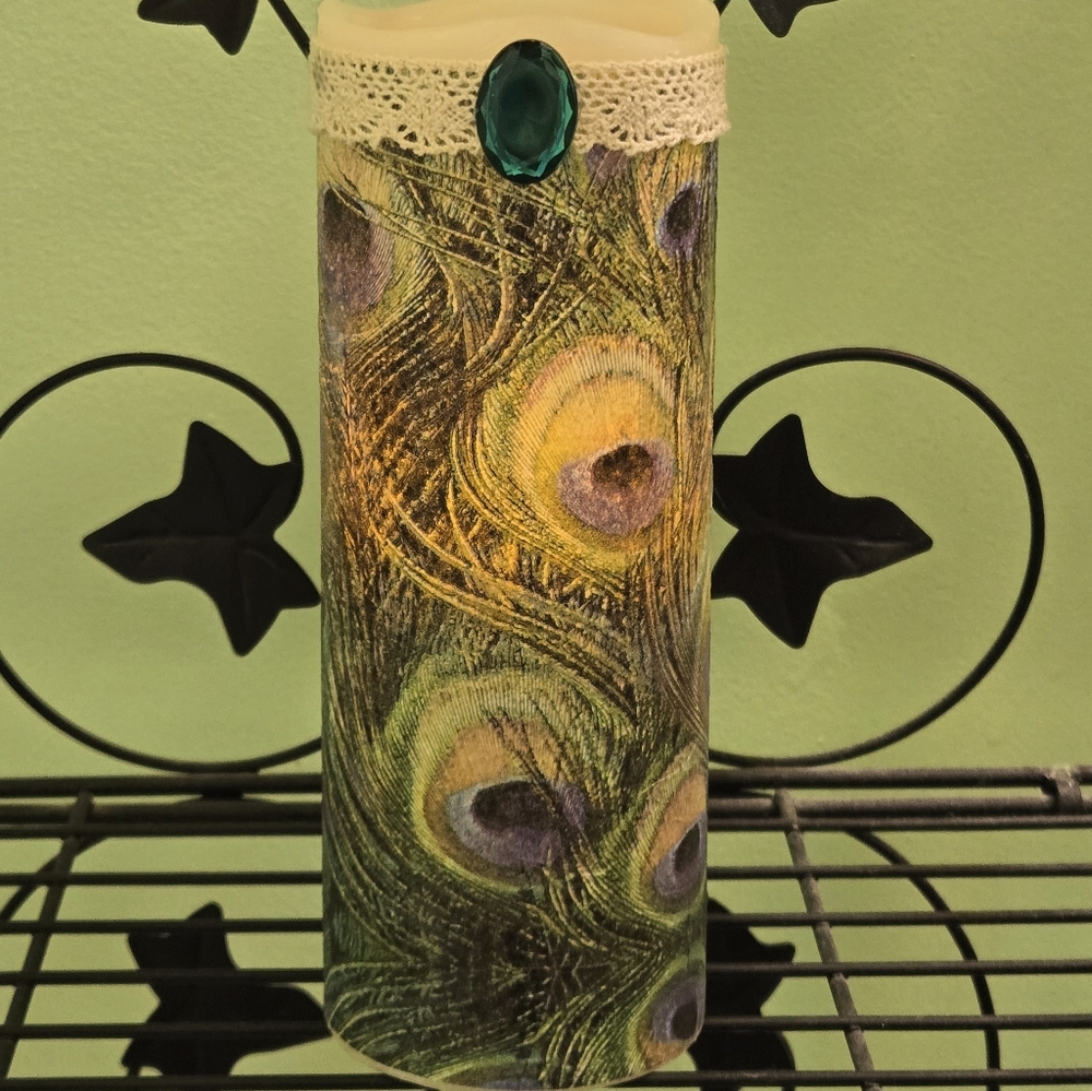 Peacock Feather 8" Battery Candle with Emerald Gem Accent Elegant Decor Home